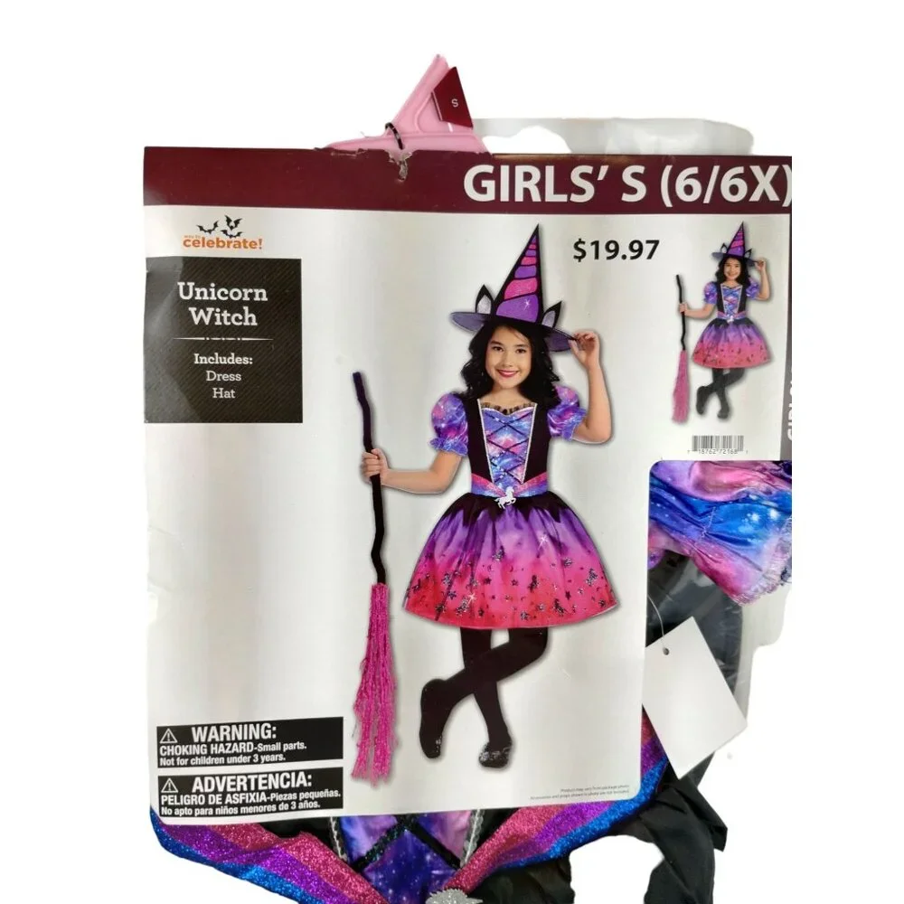 Celebrate! Girls S (6/6X) Unicorn Witch Dress and Hat Halloween Costume